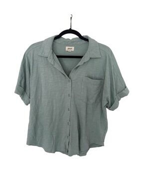 Pact Short Sleeve Button Down Shirt Organic Cotton Blue Boxy Coastal Medium